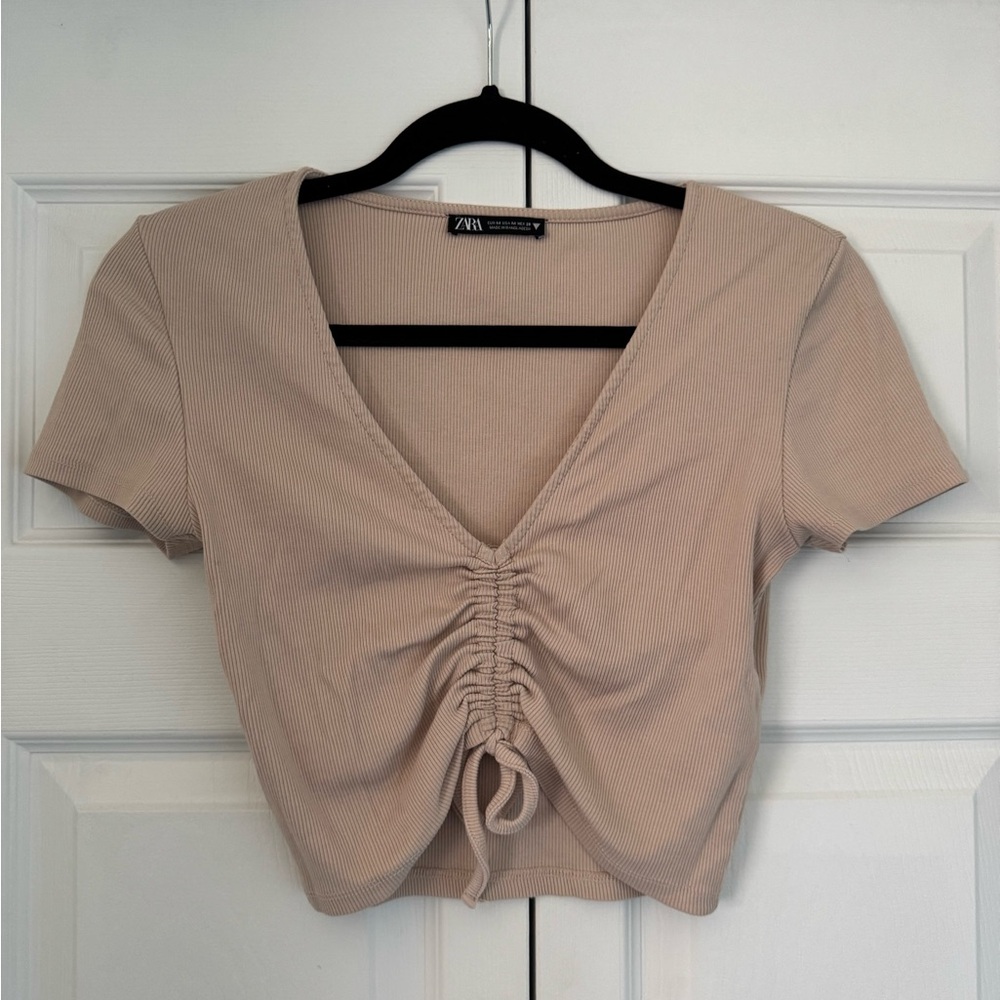 Zara Tan Ruched V-Neck Women's Top